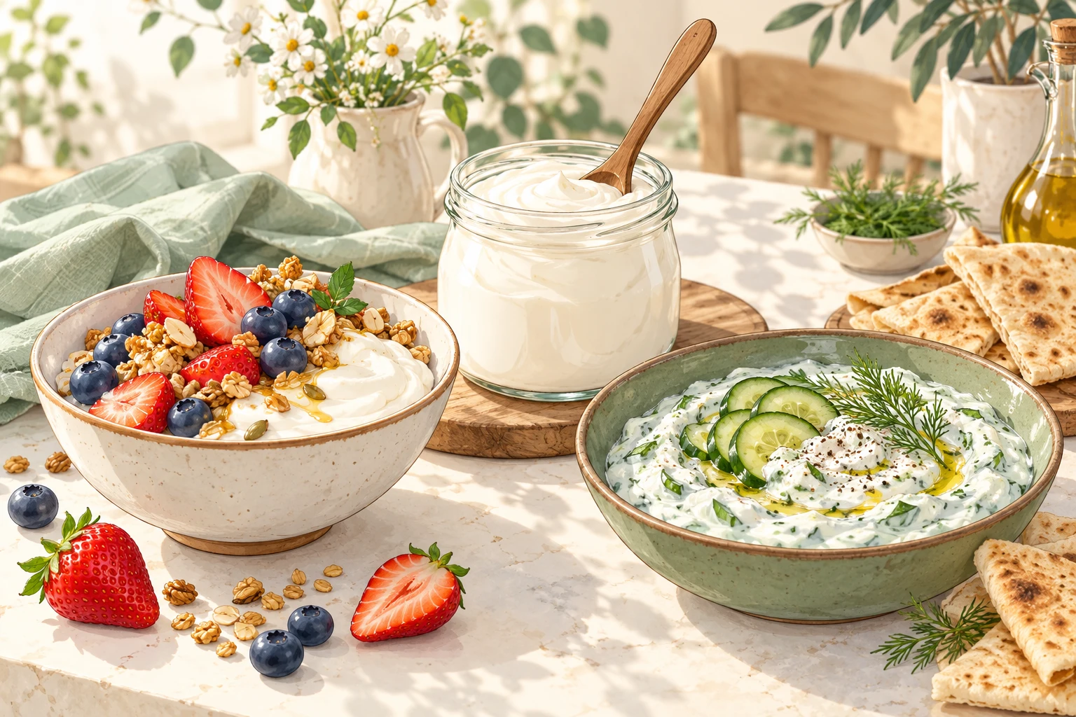 Illustrated Greek yogurt berry bowl, jar of plain yogurt and cucumber herb dip with flatbread on a sunlit kitchen table