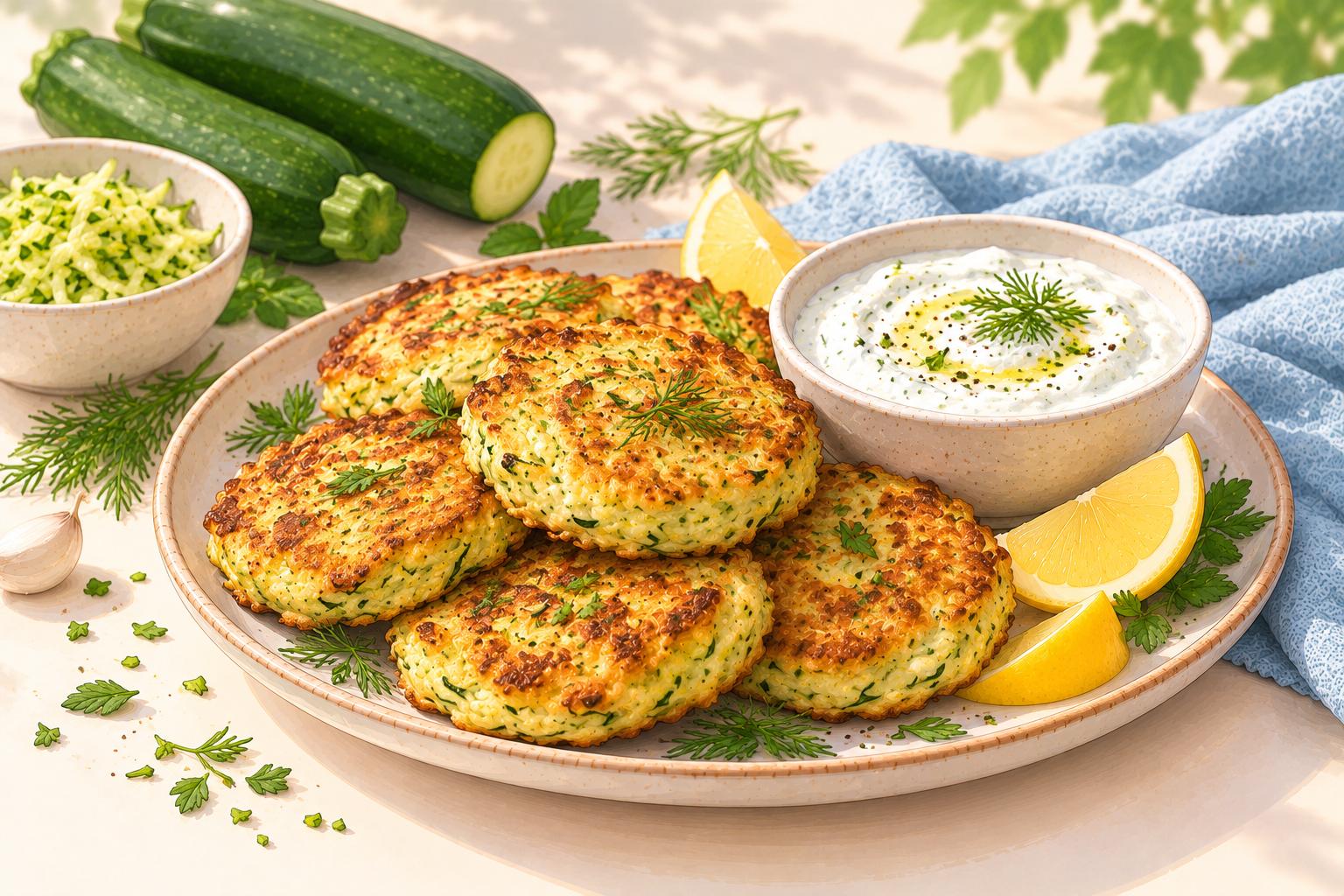 Baked Zucchini Yogurt Fritters — original Yogurt Atelier recipe illustration