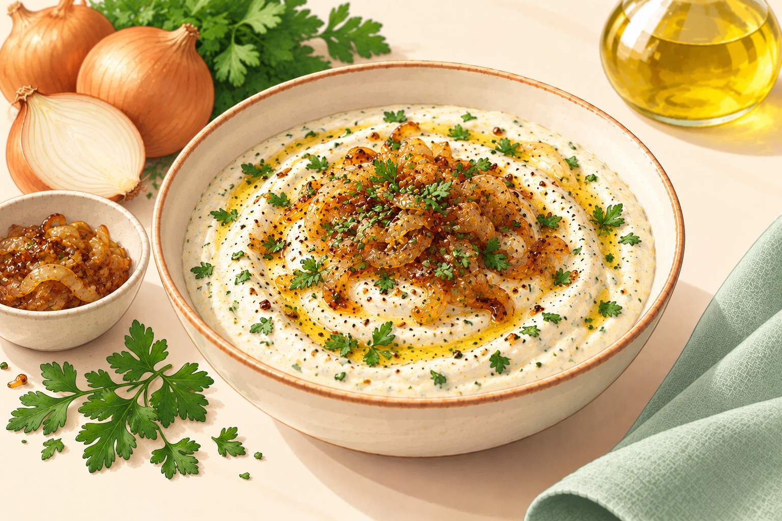 Caramelized Onion Yogurt Dip — original Yogurt Atelier recipe illustration