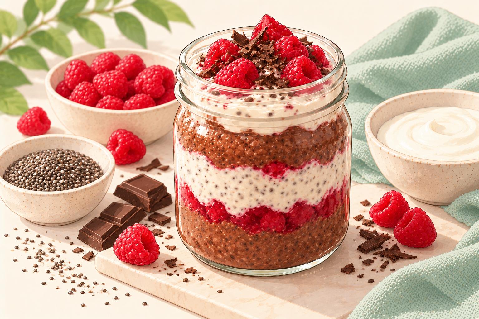 Chocolate Raspberry Chia Pudding — original Yogurt Atelier recipe illustration