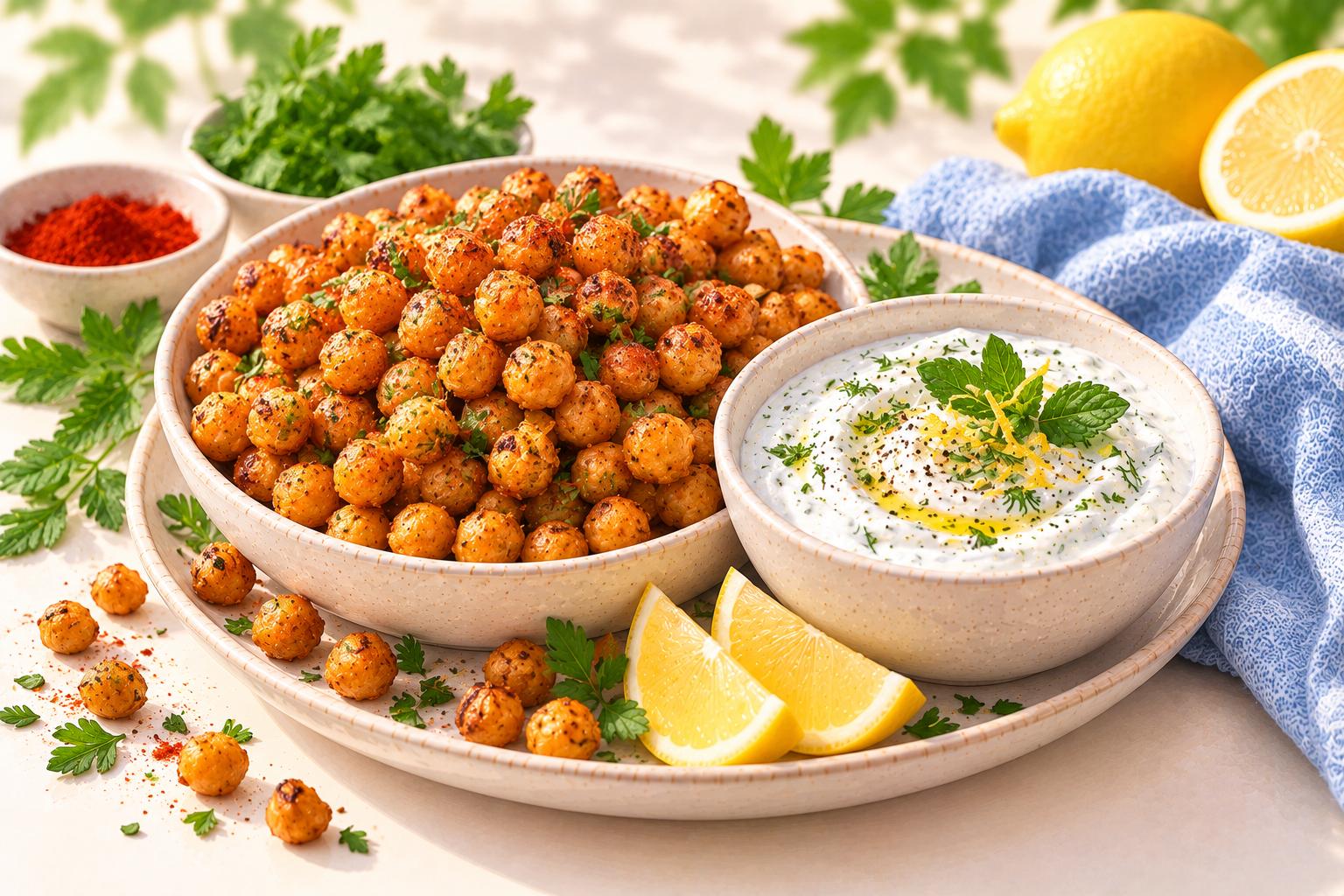 Crispy Roasted Chickpeas with Lemon Yogurt Dip — original Yogurt Atelier recipe illustration