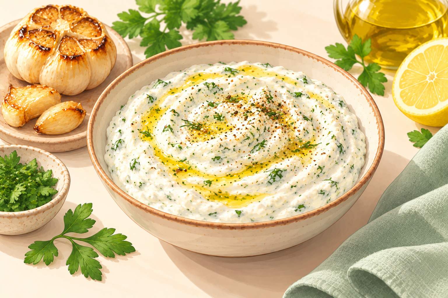 Roasted Garlic Yogurt Sauce — original Yogurt Atelier recipe illustration