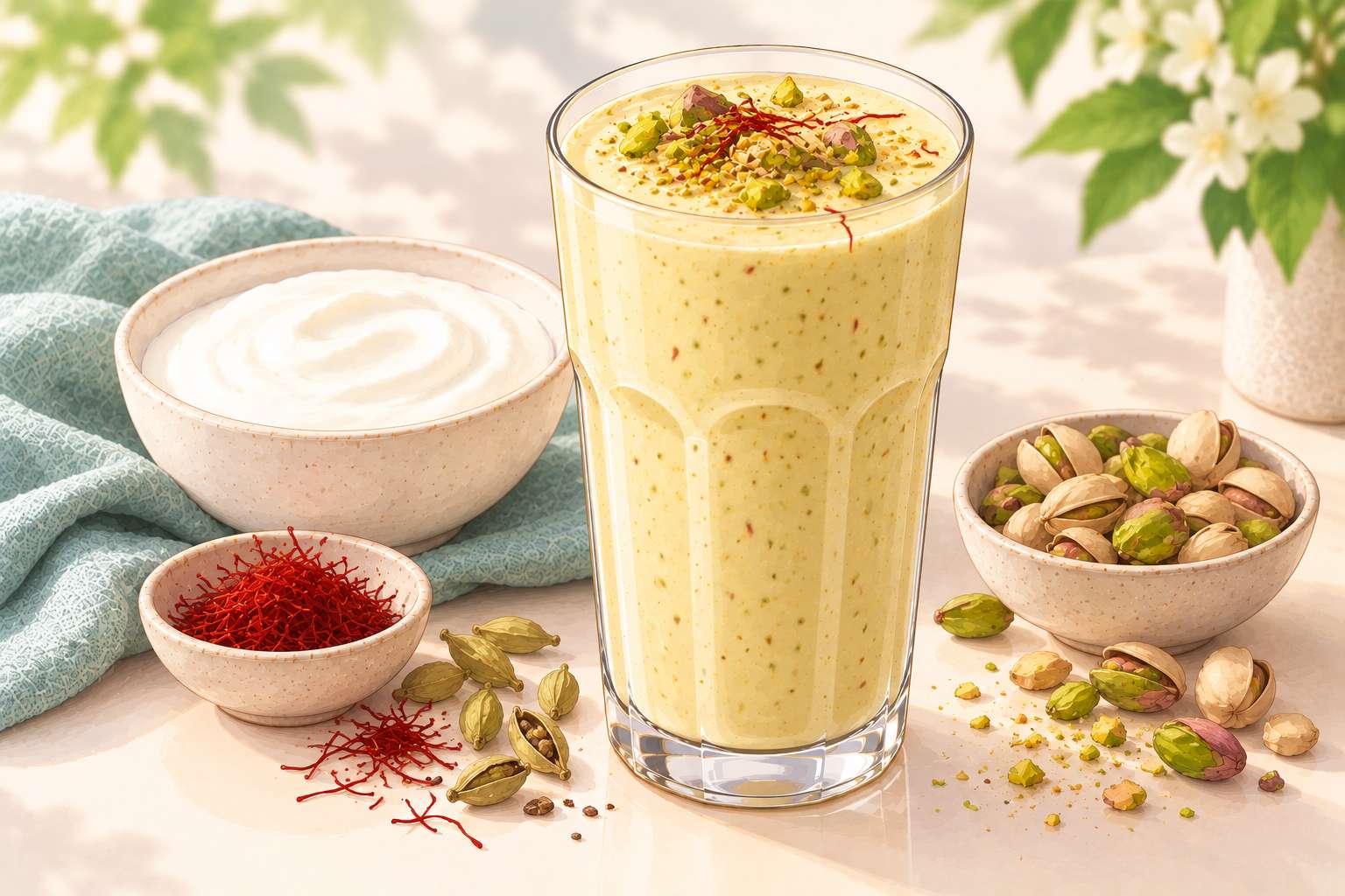 Saffron Cardamom Pistachio Yogurt Shake — original Yogurt Atelier recipe illustration