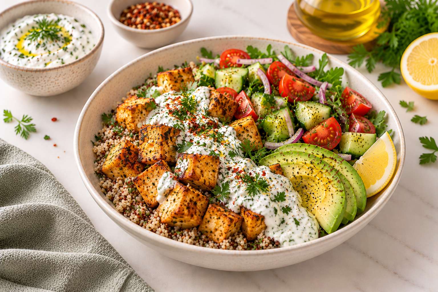 Spiced Tofu with Yogurt Herb Dressing — original Yogurt Atelier recipe illustration