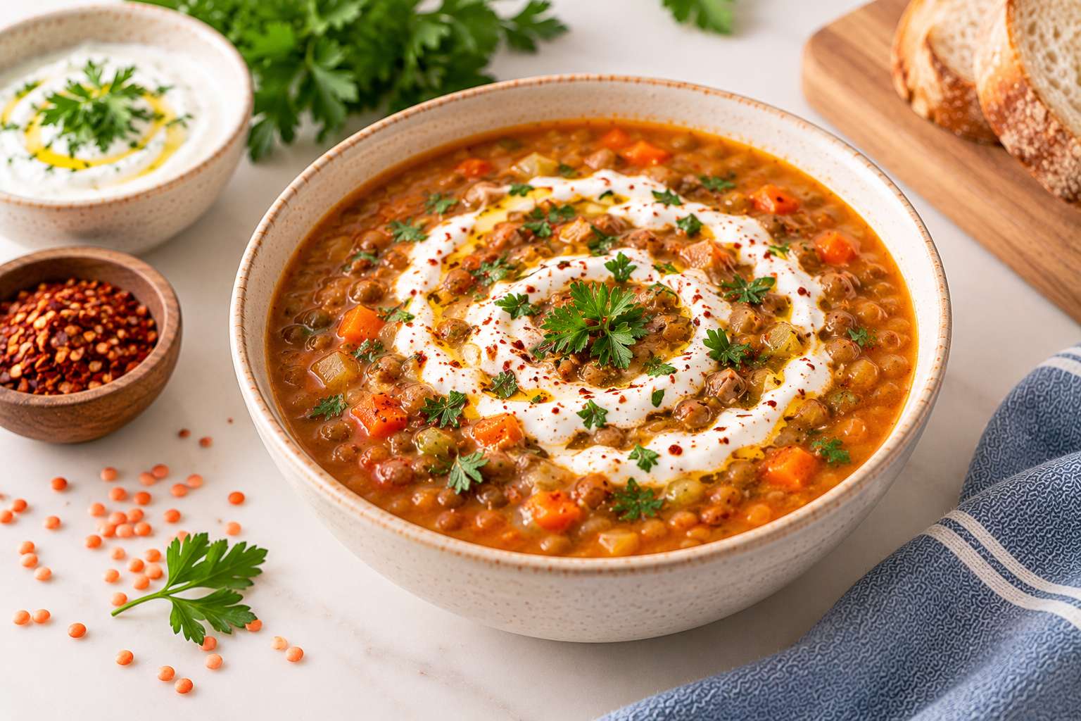 Turkey Lentil Soup with Yogurt Swirl — original Yogurt Atelier recipe illustration