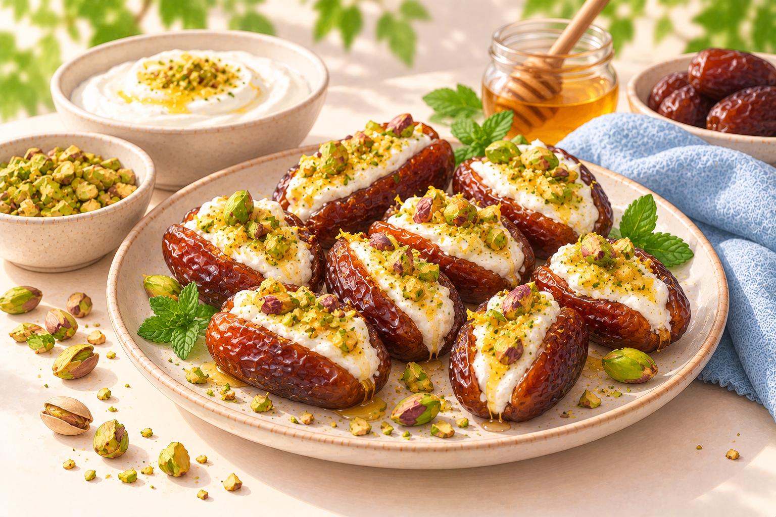 Yogurt-Stuffed Dates with Pistachio — original Yogurt Atelier recipe illustration